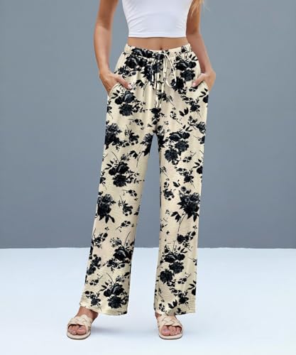 NILOUFO Women Summer Casual High Waist Wide Leg Pants Fashion Lightweight Flowy Boho Beach with Pockets(Ink-Wash Rose, Large) — view 2