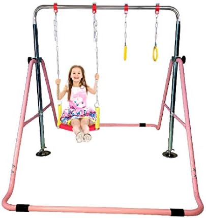 Kids Jungle Gymnastics Expandable Junior Training Monkey Horizontal Bars Climbing Tower Child Play Pink Training Pull Up Gym + Swing Seat + Trapeze Rings.Set