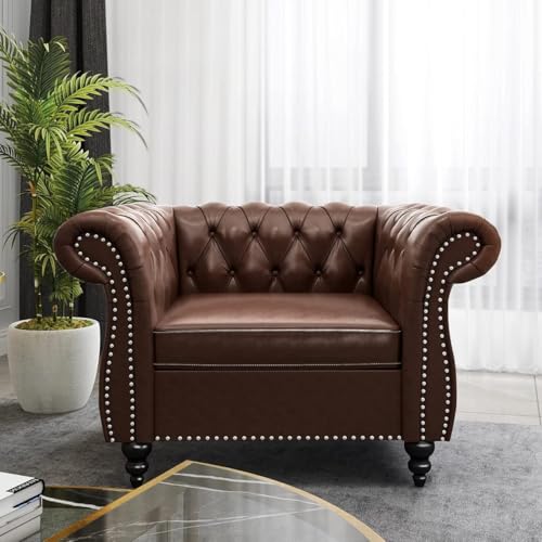 AVZEAR Leather Upholstered Armchair, Single Sofa Chair with Rolled Arms and Nailhead, Mid-Century Modern Tufted PU Chesterfield Chair for Living Room, Bedroom, Office, Apartment, PU Brown
