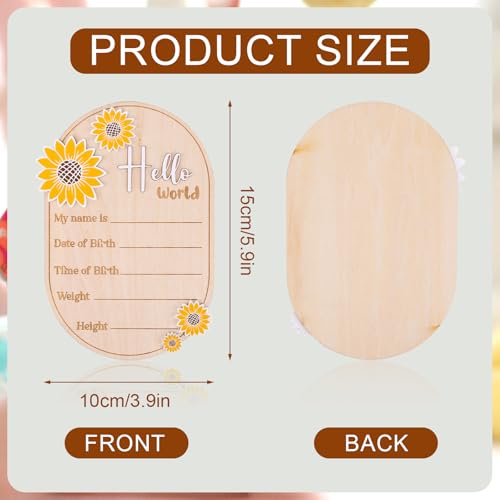 Baby Announcement Sign, 5.9in Newborn Announcement Sign, Oval Sunflower Hello World Sign, Wooden Welcome Birth Baby Name Board Plaques for Boys Girls, Photo Props Baby Shower Hospital Nursery - Image 3