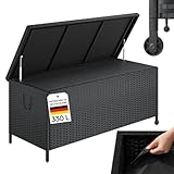 STEELSØN Serion Gartenbox mit Rollen schwarz – Rattan Aufbewahrungsbox Klappdeckel – Outdoor Auflagenbox mit Griffen – Aufbewahrungskiste wetterfest – Gartenkiste Stahlgestell – Kissenbox 140x62x61cm