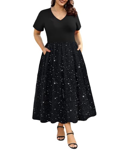 Image of CARCOS Plus Size Dresses for Women Summer Short Sleeve V Neck Patchwork Dresseses XL-5XL