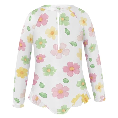 Pastel Flowers White Girls One Piece Swimsuit Rash Guard Long Sleeve Beach Swimwear 3T2