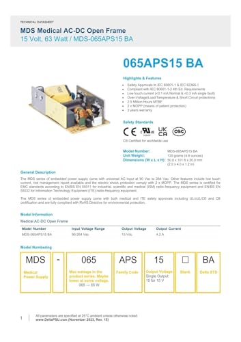 Alimentation à découpage compacte MDS-065APS15B 15V pour montage interne
