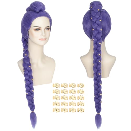 Yan Dream 39.3inch Long Purple Braided Costume Wig and Gold Hair Cuffs for Women Thick Purple Wigs with Braids