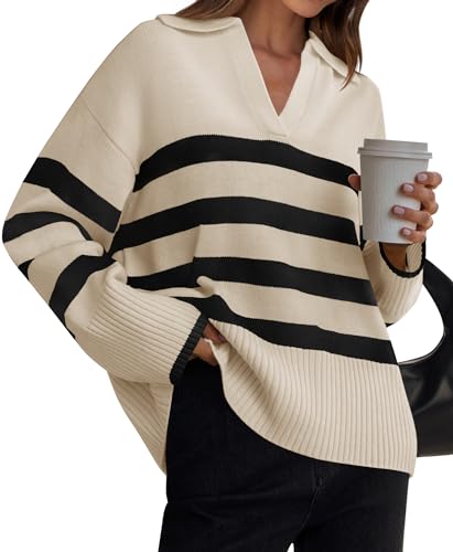 ZESICA Women's 2025 Fall Winter Sweaters Lapel V Neck Long Sleeve Striped Chunky Knit Oversized Pullover Sweater Jumper Tops