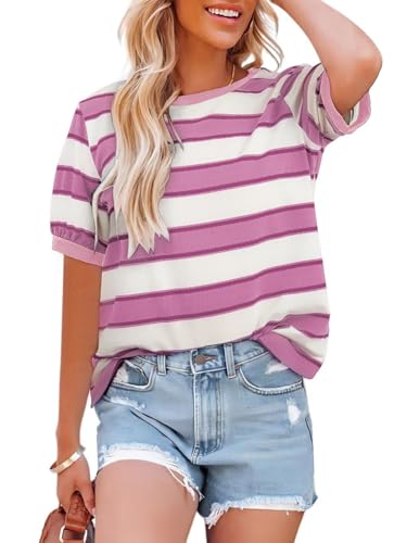 Cuptacc Tshirt Damen Rundhals Locker Oberteile Bunt Gestreiftes Tunika Damen Sommer Casual Baumwolle T Shirt Kontrast Kurzarm Oberteile