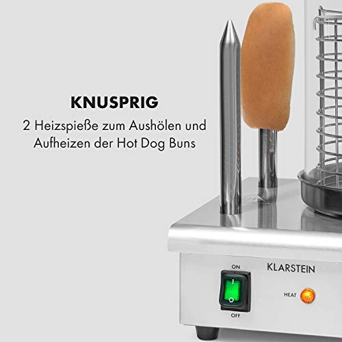 Foto von Klarstein Wurstfabrik Pro 550 Hot Dog Maker, 550 Watt, 2 Heizspieße, Temperaturregler 30-100 °C, Glaszylinder: Ø 20 cm, Edelstahlkäfig: Ø 17 cm, Edelstahlgehäuse,Profi Würstchenkocher, silber