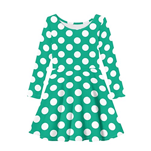 Image of Allcute Green Polka Dot Skater Dress for Girls Long Sleeve Midi T Shirt Dress Size 15-16 Teen Girls Cute Soft School Dance Party Loose Fit & Flare A Line Twirly Dress