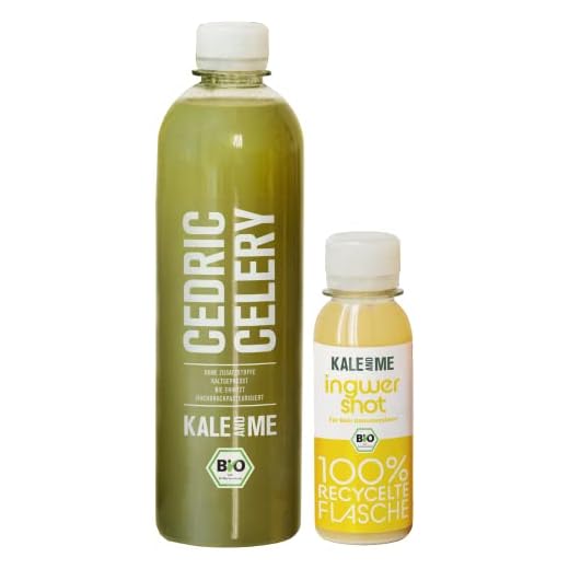 Kale and Me 14 Tage Selleriekur mit 14 Flaschen à 320 Milliliter Selleriesaft und 14 Flaschen à 85 Milliliter Ingwer Shot aus regionaler Produktion ohne Zusatzstoffe, Preis inkl. 3,50 € Pfand