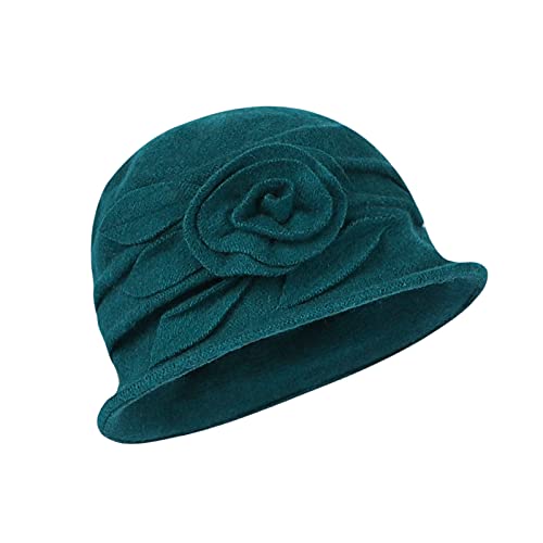 Wintermütze Damen Glockenhut Kunstwolle Bucket Hut Vintage Fedora Hut Bowler Hut Winddichte Wollmütze Blume Design Eimerhut Schlapphut Einfarbige Damenmütze Winter Warmer Hut für Outdoor Aktivitäten