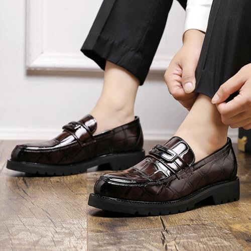 Mens Stone Grain Leather Slip On Dress Penny Loafers Low Top Non-Slip Round Toe Shoes for Formal Business Wedding Office3