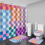 Vostolaiv 4 PCS Checkered Shower Curtain Sets Fun Gingham Bathroom Sets Soft Non Slip Bath Rugs Toilet Cover U-Shaped Mat Retro Bright Waterproof Shower Curtains with 12 Hooks for Tub Toilet, Colorful