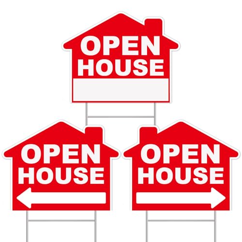 GXGGUS Open House Signs For Real Estate, 3-Pack 17"x13" Double-Sided Signs, Corrugated Plastic, H-Metal Stakes, Estate Sale Signs