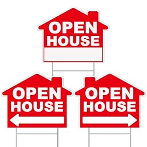 Open House Signs For Real Estate, 3-Pack 17″x13″ Double-Sided Signs, Corrugated Plastic, H-Metal Stakes, Estate Sale Signs