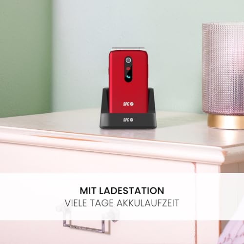 SPC Stella 3-4G Seniorenhandy mit Klappcover | Menü und große Tasten | Notruftaste, Remote-Konfiguration, hörgerätekompatibel und 103dB Lautstärke | Ladestation und 3 Direktspeicher - Rot