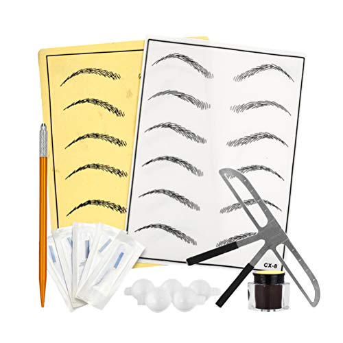 SUPVOX Microblading Eyebrow Tattoo practice Kit With Tattoo Blades Eyebrow ruler needles Pigment Pen Practice Skin Ink Cups (Golden Manual Pen)