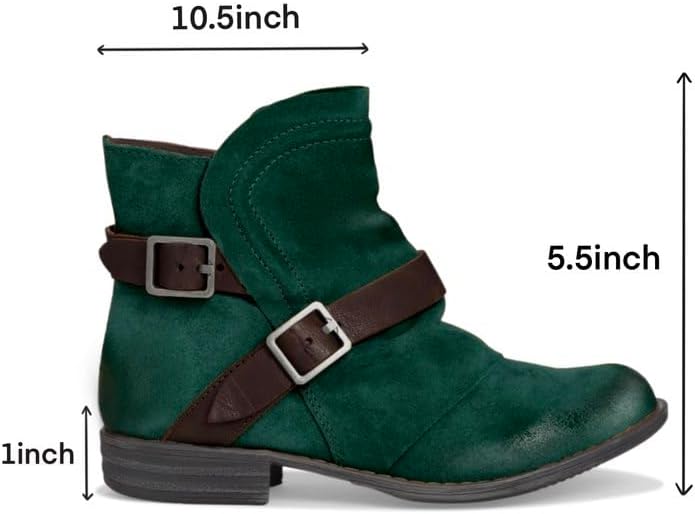 SHODENSE Women Vintage Low Stacked Heel Slouch Western Booties Round Toe Suede Combat Ankle Boots Side Zipper Burnished Short Riding Boots Pleated Buckle Strap Fall Winter Boot Fashion Comfy 4-11 M US
