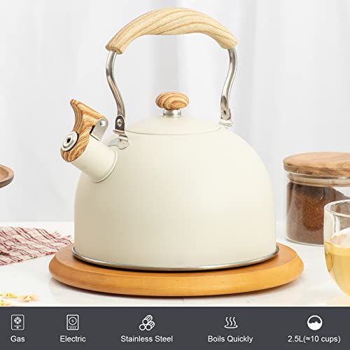 2.6 Quart/2.5 L Whistling Tea Kettles With Wood Grain Adjustment Nylon Handle, Capsule Base Tea Kettle, White (White) #TOP1