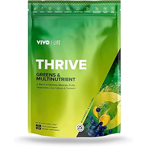Vivo Life Thrive Vegan Superfood with Vitamins Minerals Fruits & Greens, 30 Servings - 240g (Blueberry & Lucuma) Cover