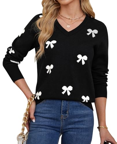 V Neck Sweaters for Women Dressy Casual Black Bow Tunic