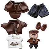for Labubu Trendy 5-Piece Outfit Set Including Cool Jacket, Denim Pants, T-Shirt, Hat & Shoes for All 17.5cm Dolls (Brown Jacket Set)