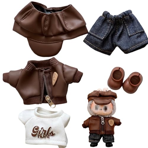 Image of for Labubu Trendy 5-Piece Outfit Set Including Cool Jacket, Denim Pants, T-Shirt, Hat & Shoes for All 17.5cm Dolls (Brown Jacket Set)