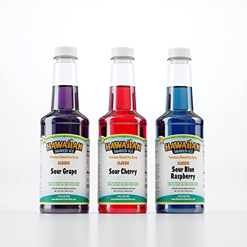 Hawaiian Shaved Ice Syrup Pint 3-pack, Sour Cherry, Sour Grape, & Sour Blue Raspberry, For Slushies, Italian Soda, Seltzers, 