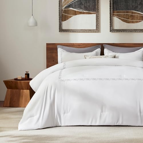 SLEEP ZONE Fall King Comforter Set, Luxury Hotel Collection Comforter, 3 Pieces Fluffy Lightweight Down Alternative Duvet Insert with Embroidered Stripes (Natural Branches, King)