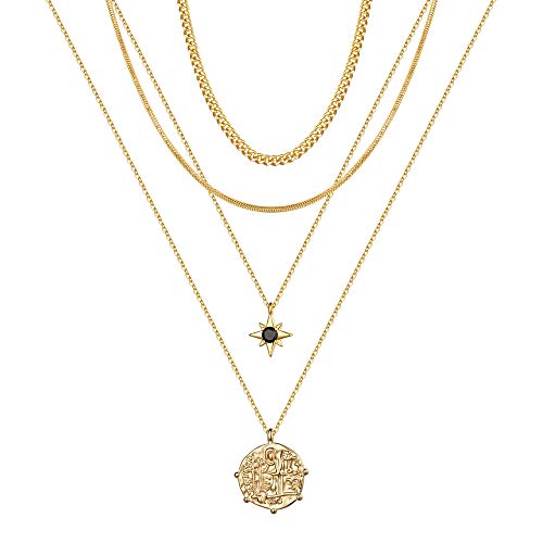 Wanderlust Layered Necklaces for Women, Multi Layered Gold North Star With Tourmaline Stone Charm Necklaces for Women Dainty Starburst Layering Necklace, Layer Snake Chain Choker Necklaces for Women