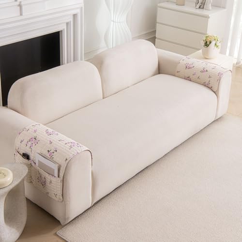 Image of HOMETHREADS Anti-Skid Sofa Protector Mat: Premium Printed Cotton Slipcover with Strong PVC Non-Slip Backing, (Beige Purple, 2Pc Armrest Mat | 50x75cm)