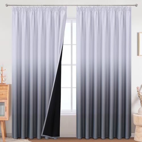 VEHEDE Large Blackout Curtains 90 Inch Length, Extra Wide Big Thermal Insulated Grey and White Ombre Pencil Pleat Curtain for Living Room, Gradient Noise Reducing Drapes for Living Room, W90 x L90