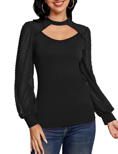 LIUMILAC Lady Top Knit Pullover Bell Forma Manga Larga Pequeño Stand Collar con Bolsillo Medida Pecho Corte Hueco Flor Empalme Multitamaño Color, Negro, S Cover