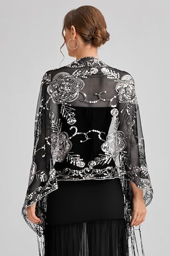 Image of BABEYOND 1920s Sequined Shawl Wraps for Women Fringed Evening Cape Wedding Bridal Shawl Scarf for Evening Dresses Party