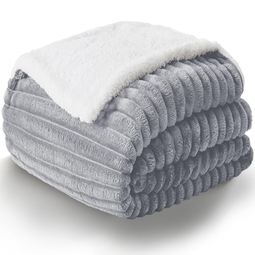 WAVVE Manta Sherpa Franela Reversible para Cama 90,Manta Polar con Cordón para Sofá, Borreguito Gruesa, Suave, Caliente, Transpirable para Invierno(Gris Claro,150 x 200 cm)