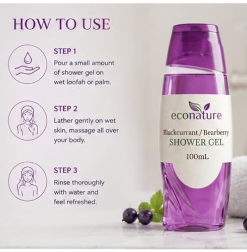 Image of Econature Shower Gel & Body Wash for Men & Women | Peach & Avocado, Mimosa & Neroli Blossom, Blackcurrant & Bearberry Variants | Refreshing & Moisturizing Bath Gel | All Skin Types (Blackcurrent & Bearberry Shower Gel)