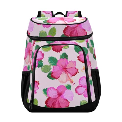 Hibiscus Flower Leaves Pink Cooler Backpack Leakproof Insulated Lunch Cooler Bag 30 Cans Camping Backpacks for Hiking Camping Beach