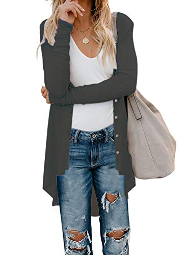 RichCoco Women's Button Down Cardigan Long Sleeve Tops Shirts Outwear Solid Knit Ribbed Open Front Cardigan Sweaters Gray