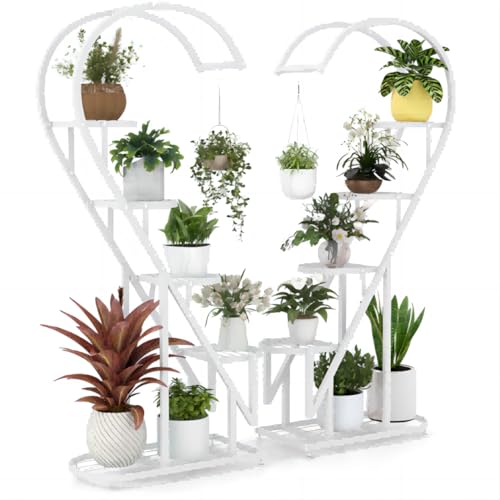 Image of SPOTRAVEL 5 Tier Plant Stand, Heart-shaped Metal Flower Rack with Hanging Hooks, Multi-Purpose Storage Unite Shelf for Garden Balcony Living Room (White)