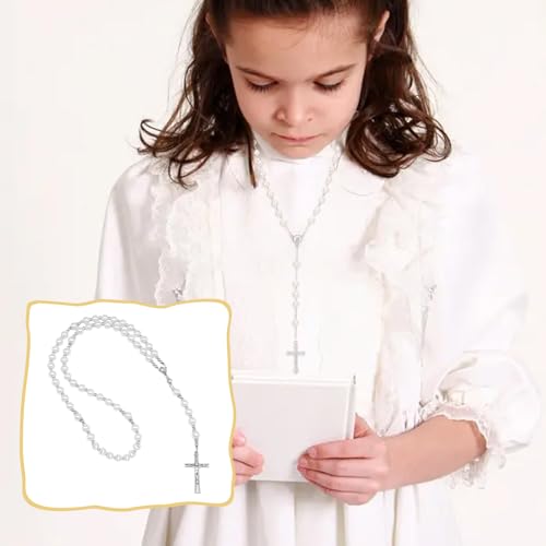 Rosenkranz Kommunion Halskette, Perlen Katholische Kreuz Halskette, Taufe Rosenkranz, Katholisches Rosenkranz Halskette, Elegante Kreuz Gebetskette Christlich Kommunion Geschenk für Mädchen Jungen