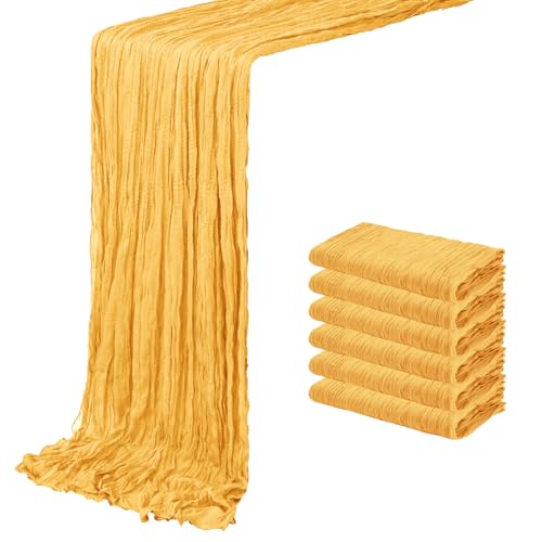 6 Pack Gold Cheesecloth Table Runner 20 x 120 inch Gauze Table Runners 10 FT Long,Semi Sheer Cheese Cloth Fabric Table Runner Bulk for Wedding,Party,Baby Shower,Bridal Shower Decoration by ACSUIT - Used condition - US$14.44