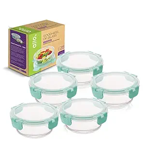 FoodSafe Glass Containers with Lids with Break Free Lock, 450 degreeC Oven Microwave Safe Containers, High Borosilicate Meal Prep Glass Food Storage Containers for Kitchen, Set of 5, 390ml, Round