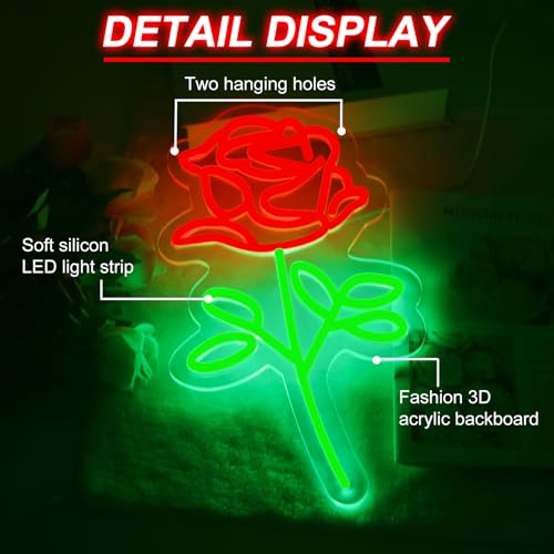 Image of Red Rose Flowers LED Neon Lighted Sign Acrylic Back Panel Logo Neon Sign USB Dimmer Switch For Home Living Room Flowers Store Party Wedding Wall Art Decor Night Lamps Singboards LED Signs, 15.7 inchx9.1 inch