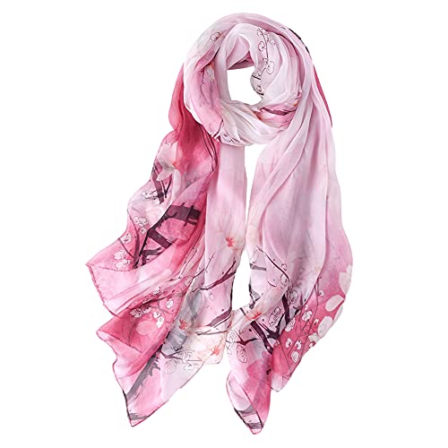 STORY OF SHANGHAI Bufanda de Seda Mujer 100% Seda Estampado Floral Colorido Gran Bufanda Mantón Ultraligero Transpirable Elegante,Flores de Cerezo Rosa,175 * 100 cm Cover
