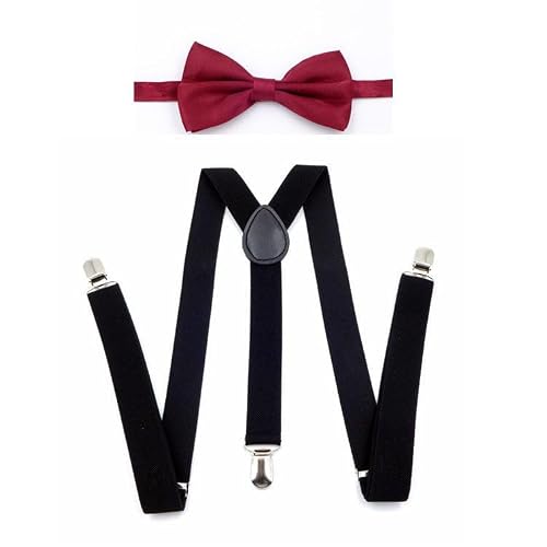 Daelesr Réglables Bretelles à Y, Nœuds Papillon Ensemble Élastique, Pantalon Clip Sangle pour Garçons Filles, Convient Aux Enfants de 1 à 10 Ans (Noir + Rouge)