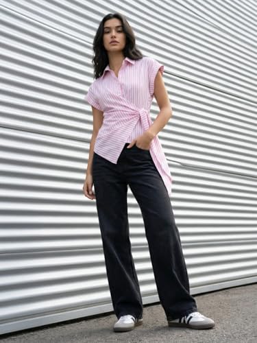 Image of Wrap Style Striped Women Cotton Shirt Drop Shoulder Casual Wear