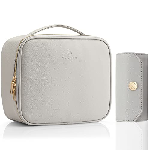 Vlando Travel Makeup Bag, Makeup Bag Organizer,Gift Ideas for Women Girls,Makeup Storgae Bag with Dividers and Handle,Gifts for Christmas,Birthday,Wedding Beige A.Beige M