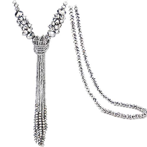 BaubleStar Silver Rhinestone Crystal Long Beaded Tassel Necklace for Women Girls Bead Chain Tassel Knot Statement Y Necklace Fashion Jewelry B70S