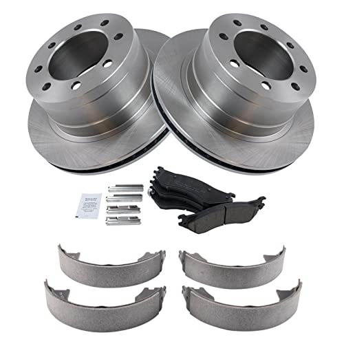 Image of TRQ Rear Brake Pad & Rotor Kit Parking Brake Shoe Set Ceramic Compatible with 2007-2008 Dodge Ram 1500 2006-2008 Ram 2500, 3500
