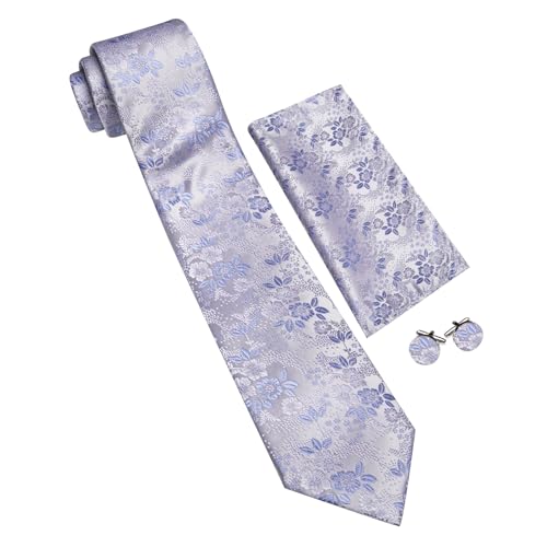 Image of Barry.Wang Flower Ties for Men Silk Woven Floral Tie Sets Necktie Handkerchief Cufflinks Wedding Party